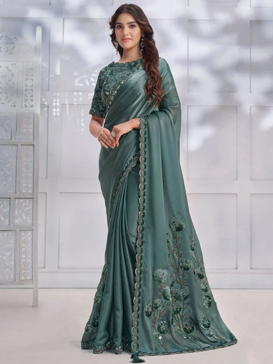 Spectacular Green Patch Work Satin Engagement Wear Saree With Blouse