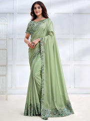 Breathtaking Pastel Green Patch Work Satin Event Wear Saree