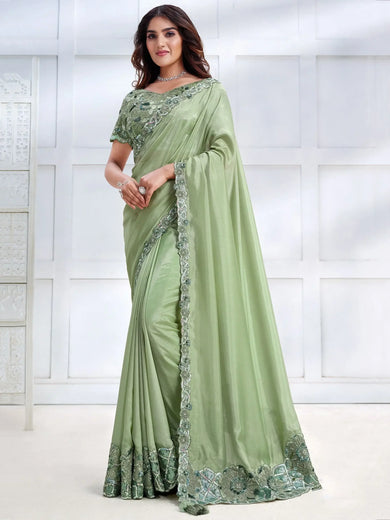 Breathtaking Pastel Green Patch Work Satin Event Wear Saree