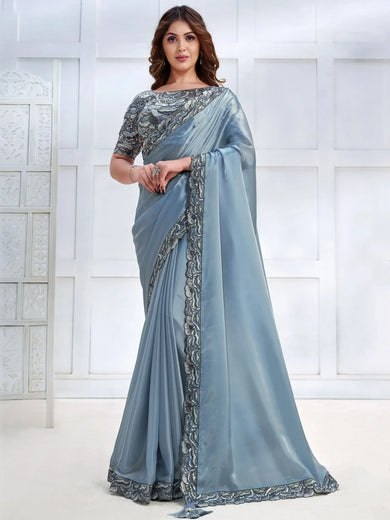 Enthralling Sky Blue Heavy Bordered Satin Wedding Wear Saree