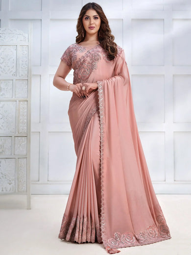 Stupendous Peach Patch Work Georgette Party Wear Saree With Blouse