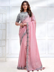 Phenomenal Pink Embroidered Satin Engagement Wear Saree With Blouse