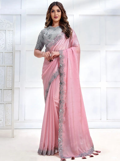 Phenomenal Pink Embroidered Satin Engagement Wear Saree With Blouse