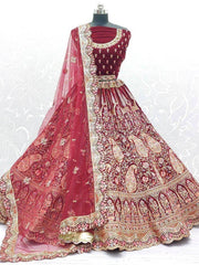 Fantastical Red Velvet Barik Embroidered Bridal Wear Lehenga Choli