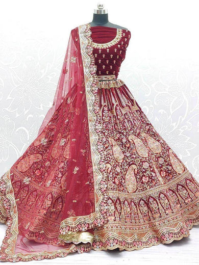 Fantastical Red Velvet Barik Embroidered Bridal Wear Lehenga Choli