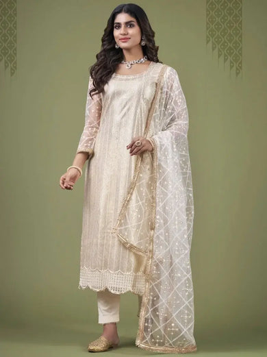 Lovely Cream Fancy Embroidered Net Festive Wear Salwar Kameez