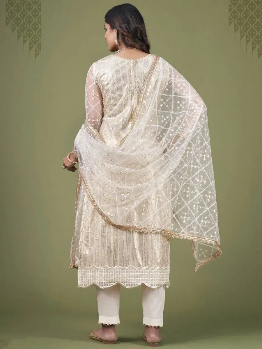 Woman in cream embroidered salwar kameez with sheer dupatta, back view