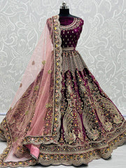 Intricate Dark Purple Velvet Peacock Pattern Embroidered Bridal Lehenga