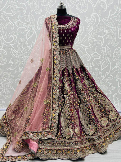 Intricate Dark Purple Velvet Peacock Pattern Embroidered Bridal Lehenga