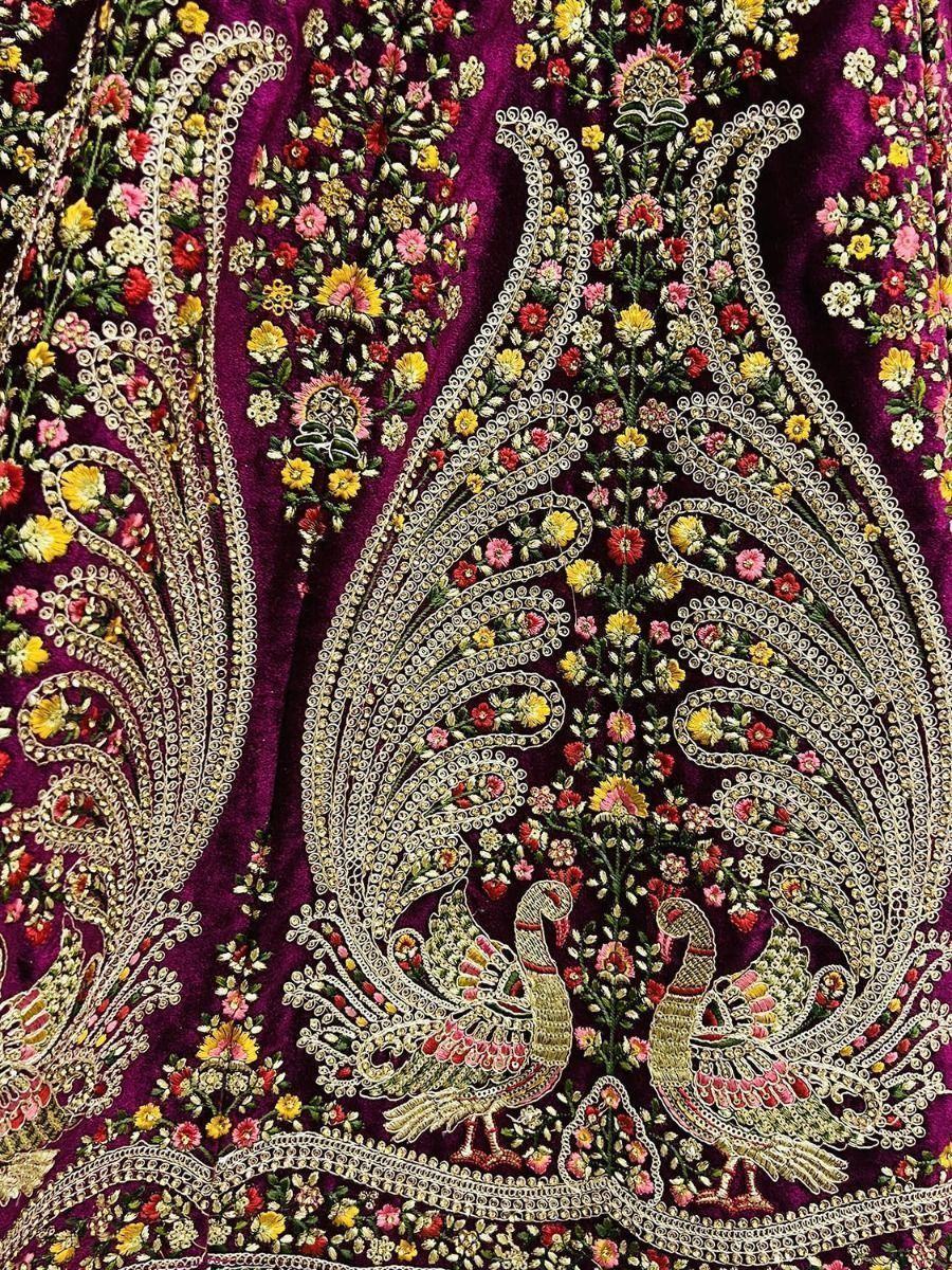 Intricate Dark Purple Velvet Peacock Pattern Embroidered Bridal Lehenga