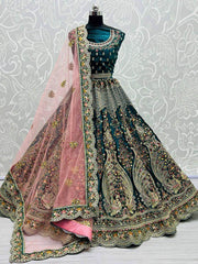 Wonderful Teal Blue Velvet Peacock Pattern Embroidered Wedding Lehenga