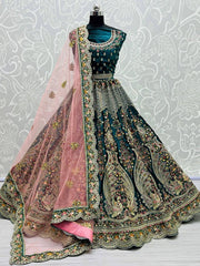 Wonderful Teal Blue Velvet Peacock Pattern Embroidered Wedding Lehenga