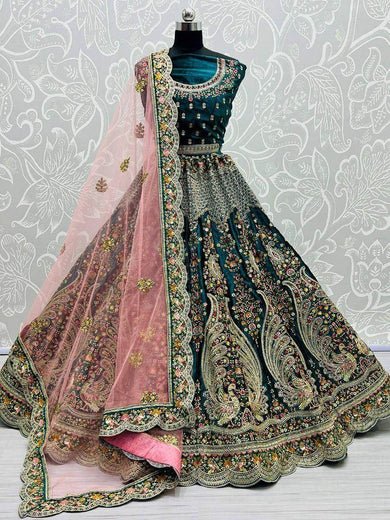 Wonderful Teal Blue Velvet Peacock Pattern Embroidered Wedding Lehenga