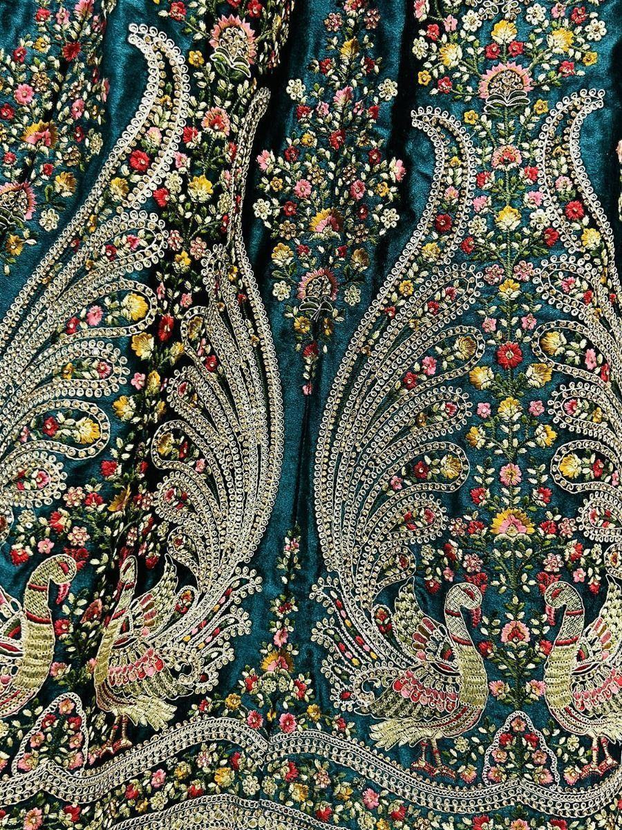 Wonderful Teal Blue Velvet Peacock Pattern Embroidered Wedding Lehenga