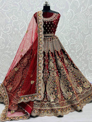 Classic Dark Maroon Velvet Embroidered Bridal Wear Lehenga Choli For Women