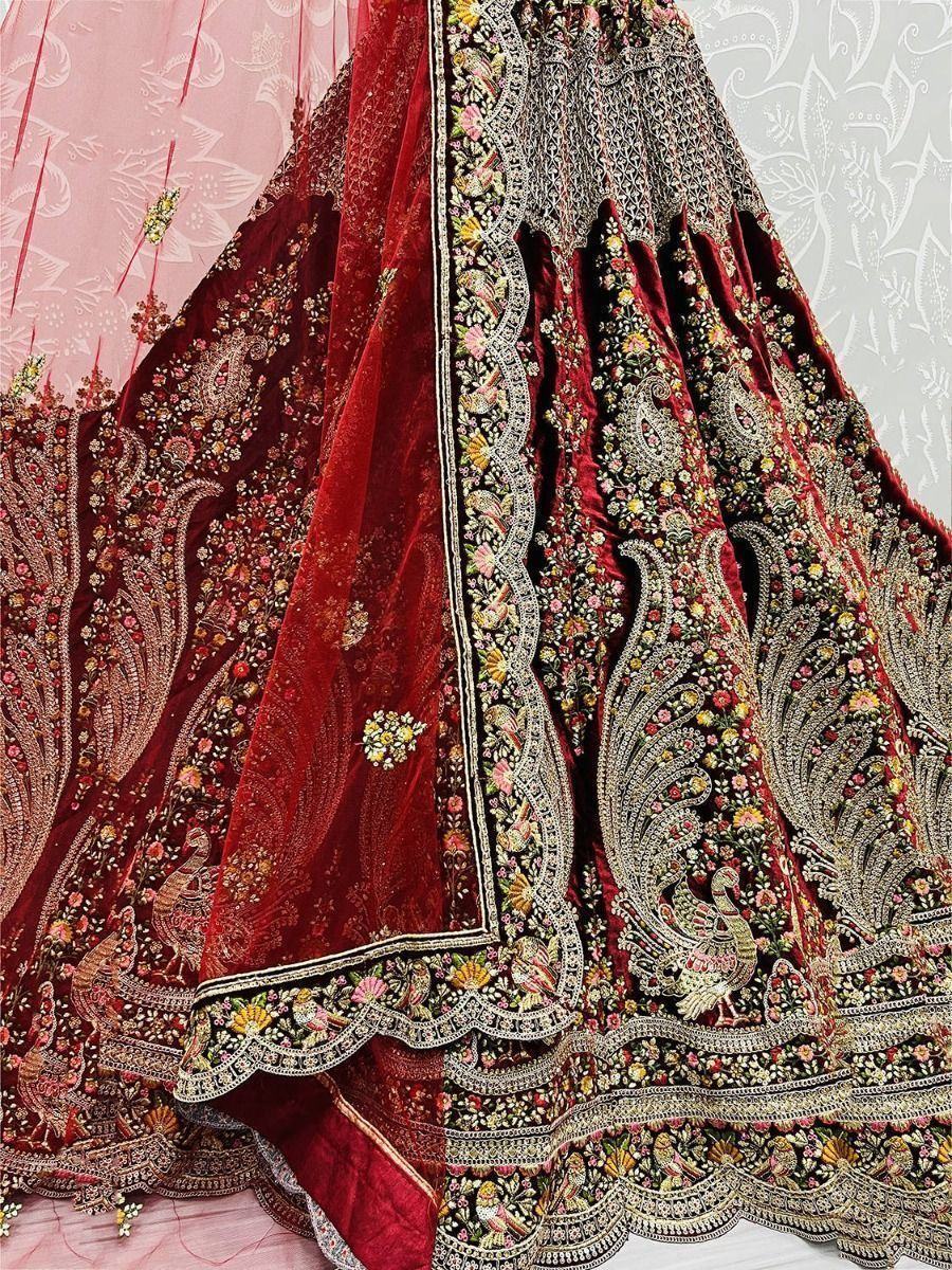 Classic Dark Maroon Velvet Embroidered Bridal Wear Lehenga Choli For Women