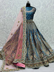 Adorning Blue Velvet Multi Thread Bridal Wear Lehenga Choli For Women