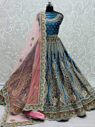 Adorning Blue Velvet Multi Thread Bridal Wear Lehenga Choli For Women