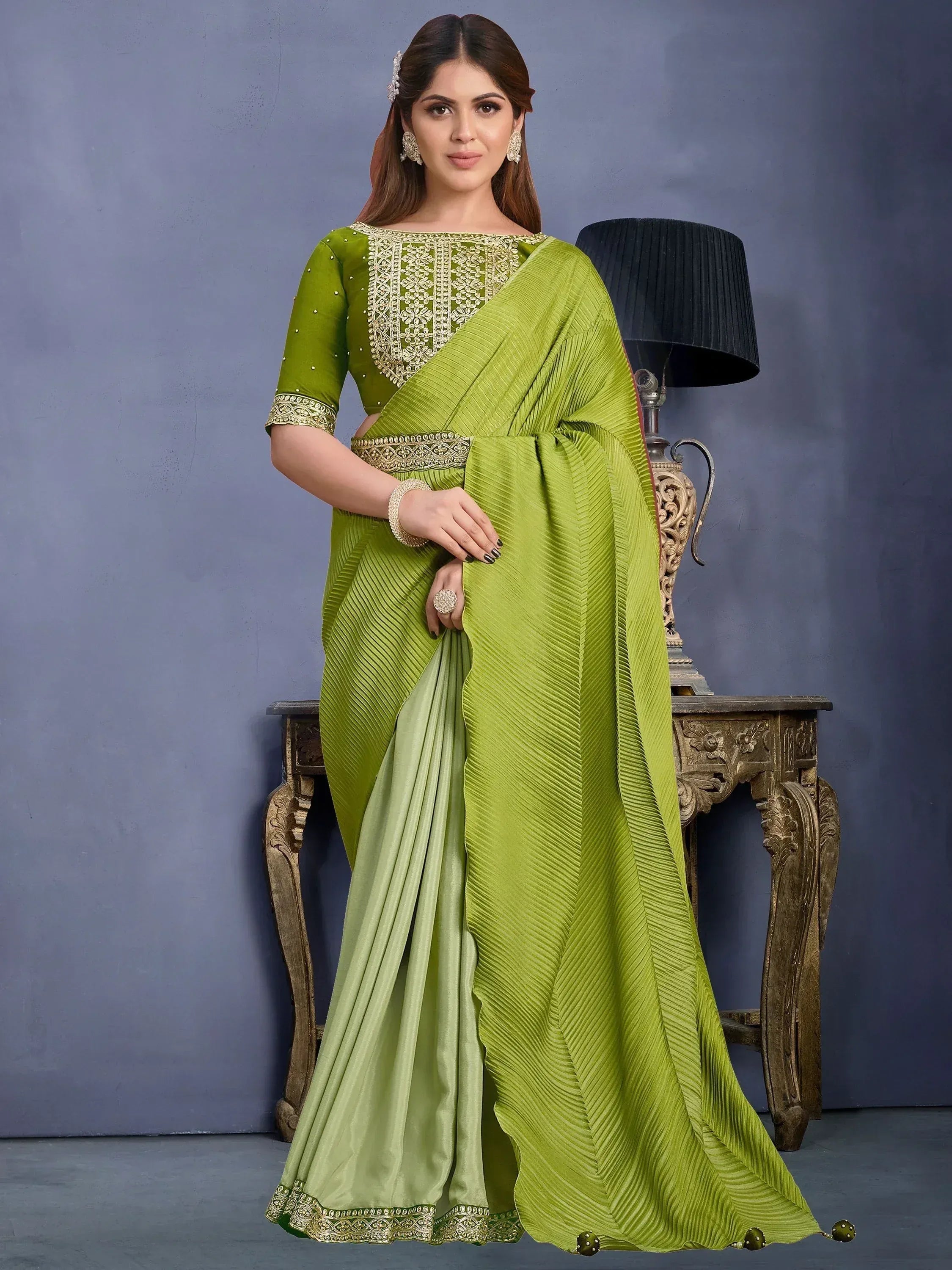 Green pleated saree with gold embroidery, designer ethnic wear for women