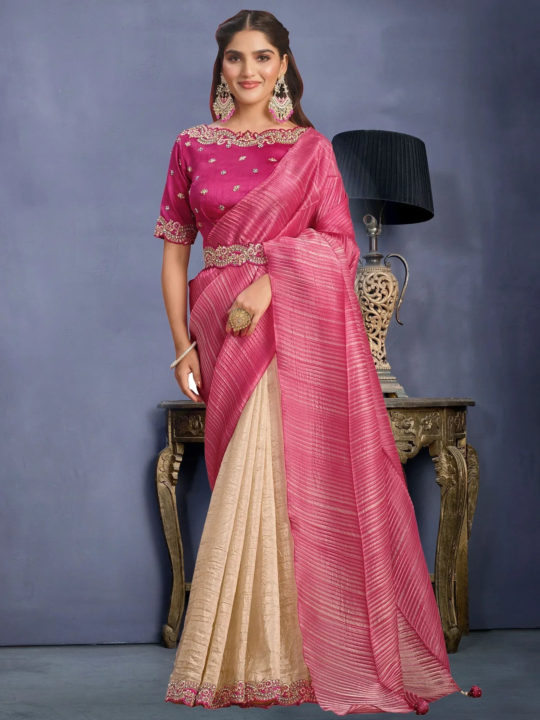 Pink and gold embroidered saree with pleated dupatta, perfect for Indian ethnic wear occasions