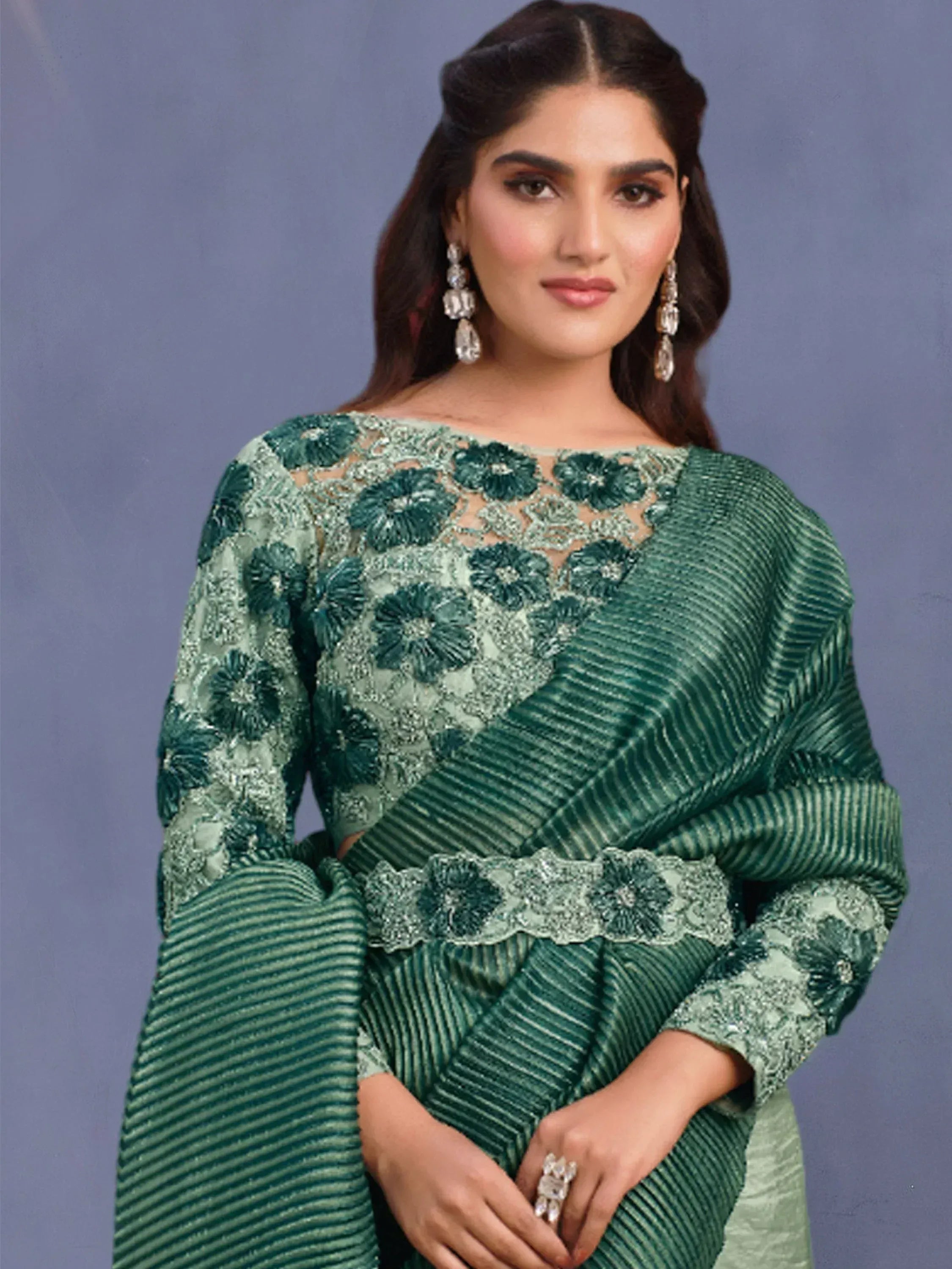 Elegant green embroidered saree with floral lace and striped pallu, perfect for Indian ethnic occasions.