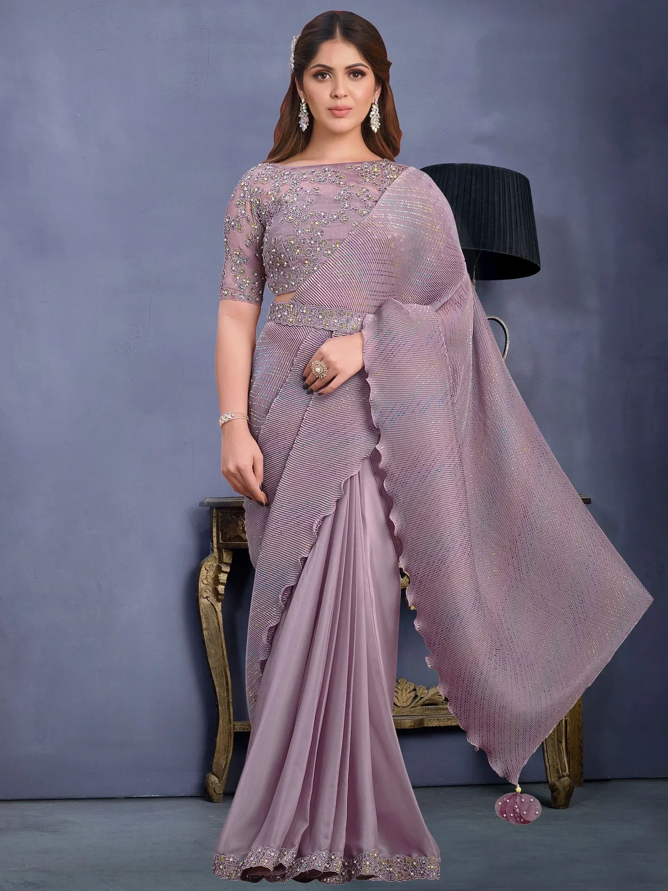 Lavender designer saree with embroidered blouse and pleated skirt, perfect for Indian ethnic occasions