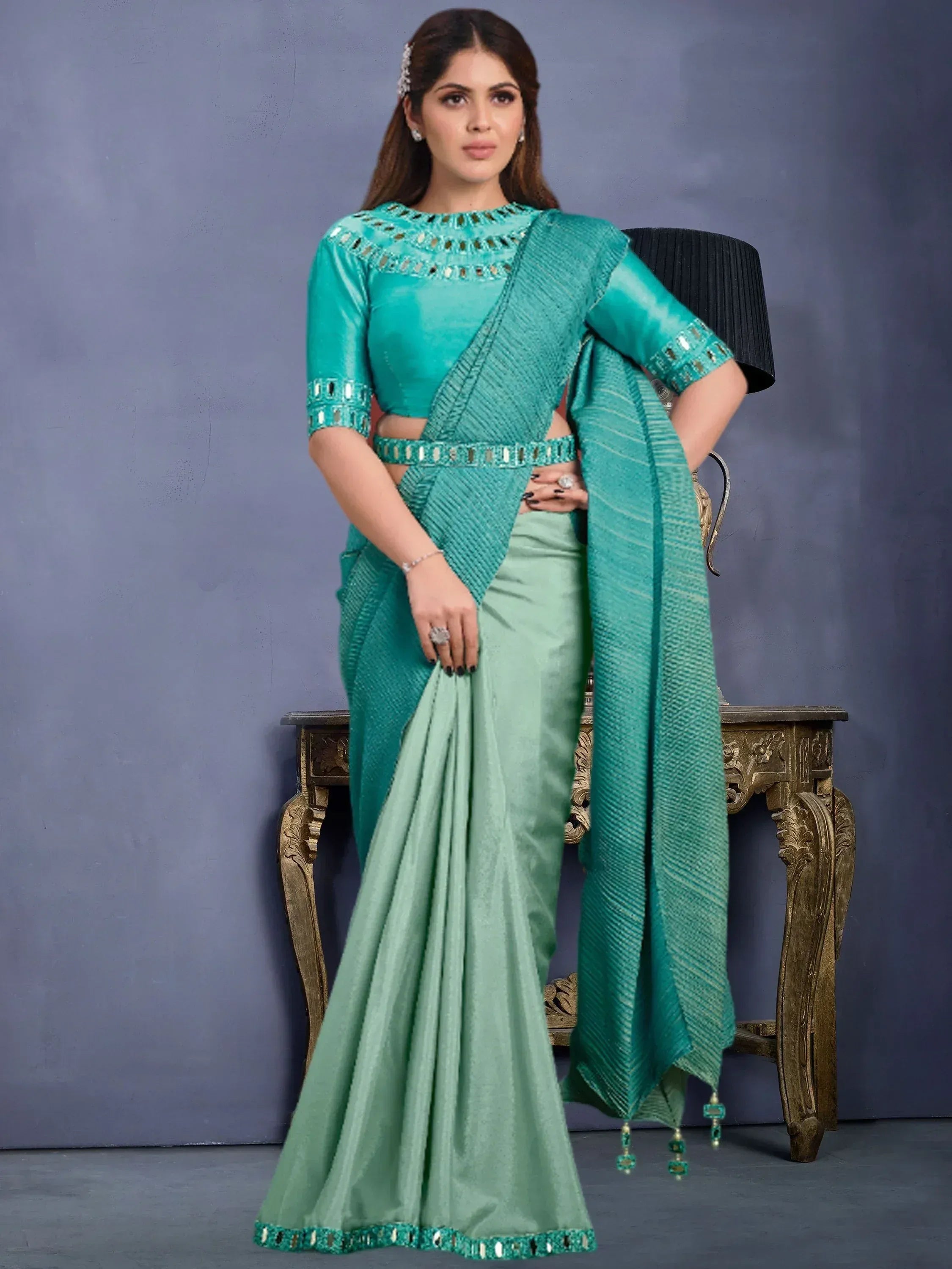 Teal green designer saree with mirror work blouse and pleated skirt, ethnic wear for women