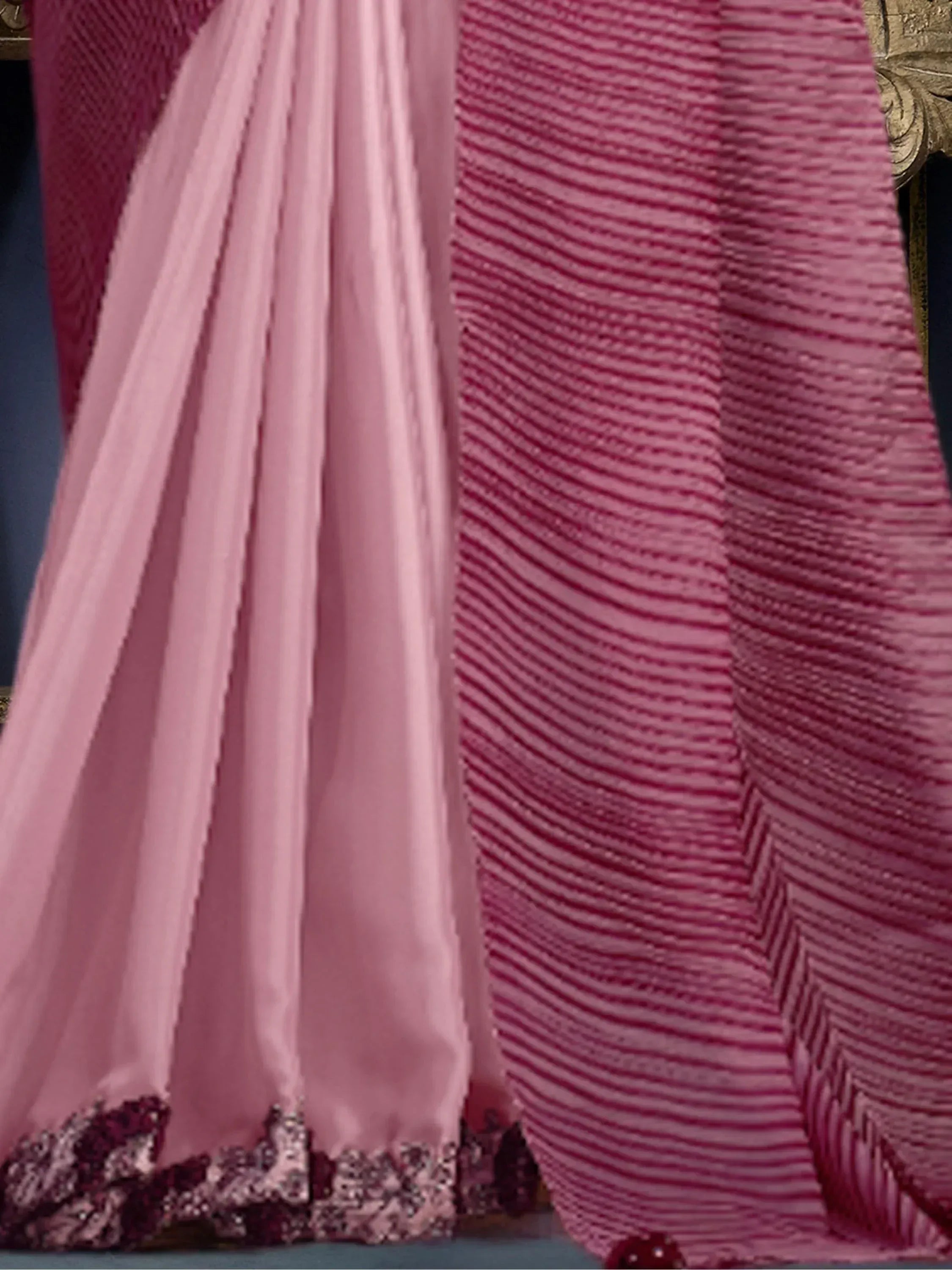 Pink ethnic lehenga with striped skirt and sequin border, designer Indian wear