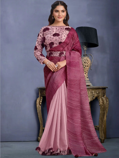 Beautiful Wine Color Sequins Satin Silk Party Wear Saree With Blouse