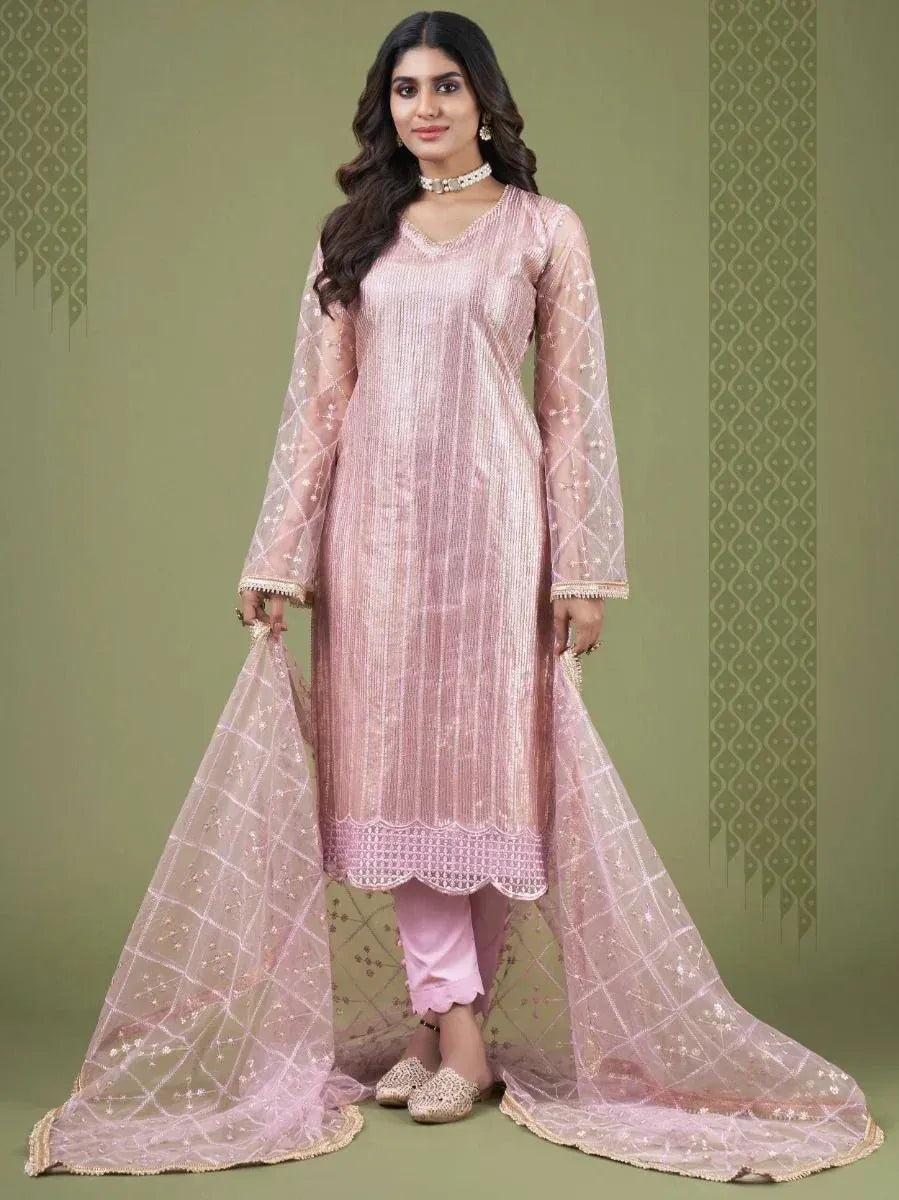 Pink embroidered salwar kameez with sheer dupatta, ethnic wear for women