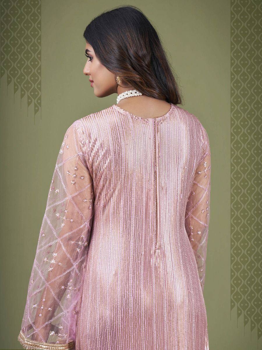 Pink embroidered ethnic kurti with sheer sleeves and back detailing, perfect for Indian festive wear