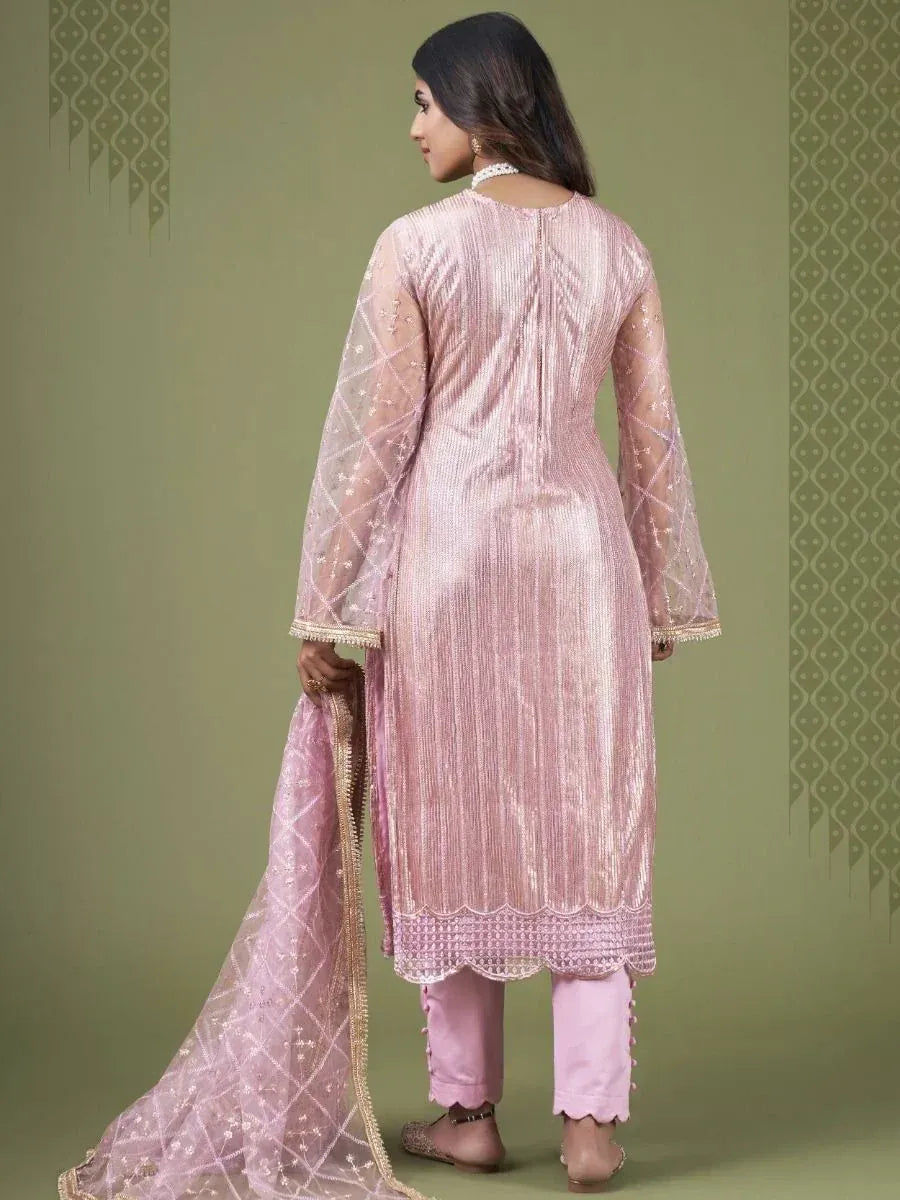 Pink embroidered salwar kameez with sheer sleeves and scalloped hem, perfect for ethnic occasions