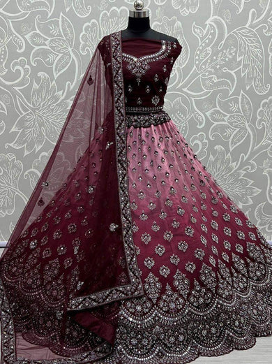 Tremendous Wine Sequined Net Reception Wear Lehenga Choli