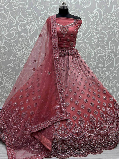 Magnificent Onion Pink Sequined Net Bridal Wear Lehenga Choli