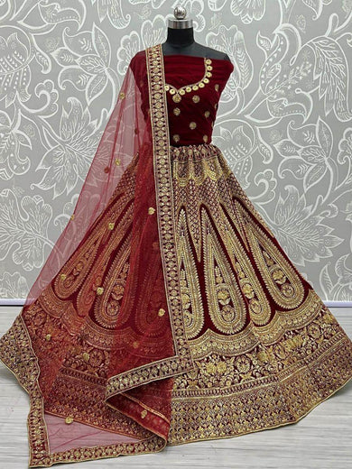 Marvelous Maroon Zari Work Velvet Bridal Lehenga Choli With Dupatta