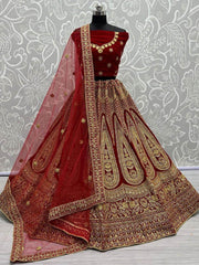 Graceful Red Zari Work velvet Bridal Lehenga Choli With Dupatta