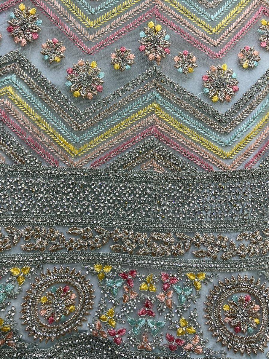 Colorful embroidered ethnic wear with floral motifs and geometric patterns, perfect for designer lehengas or sarees.