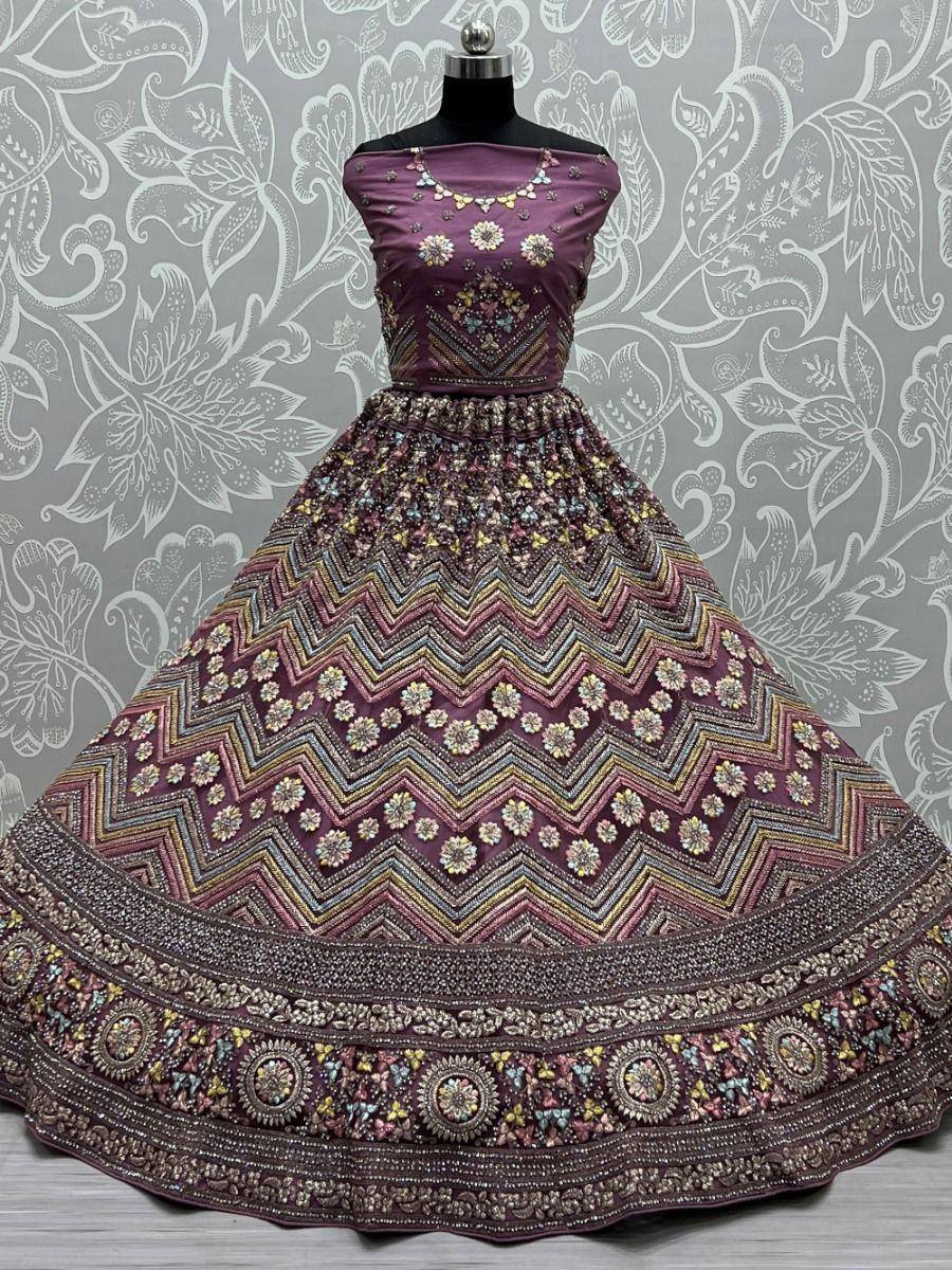 Purple designer lehenga choli with floral and zigzag embroidery, perfect for Indian ethnic wear