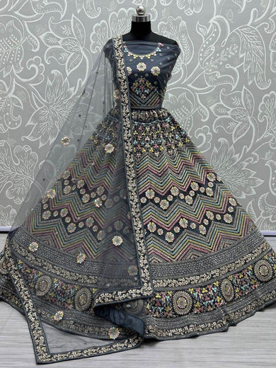 Splendid Grey Embroidered Net Reception Wear Lehenga Choli