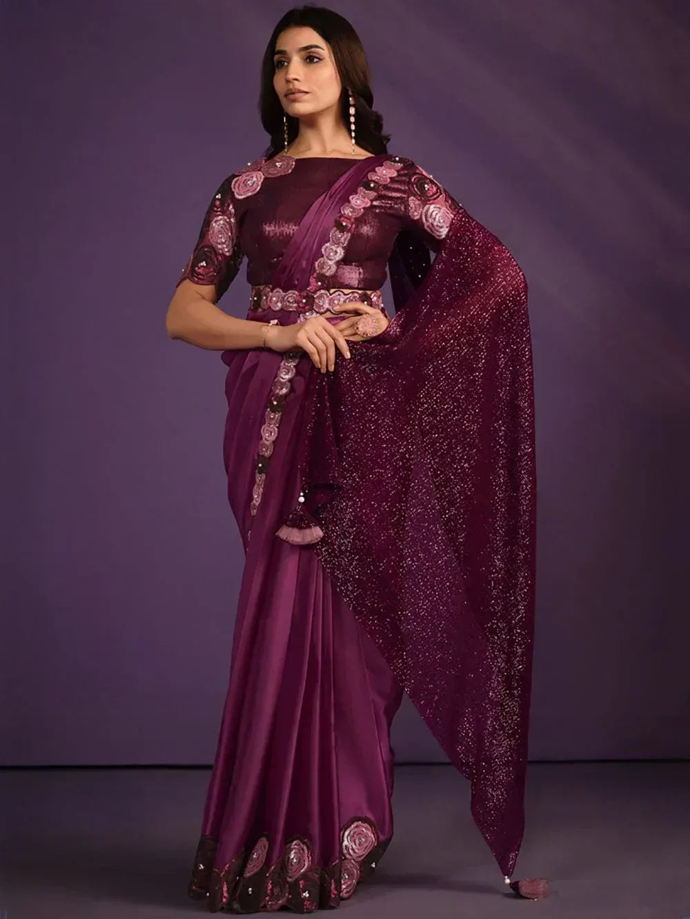 Purple embroidered saree with floral appliqué and sequin blouse, Indian ethnic wear