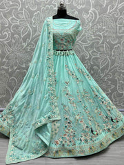 Sumptuous Sky Blue Embroidered Silk Lehenga Choli With Dupatta