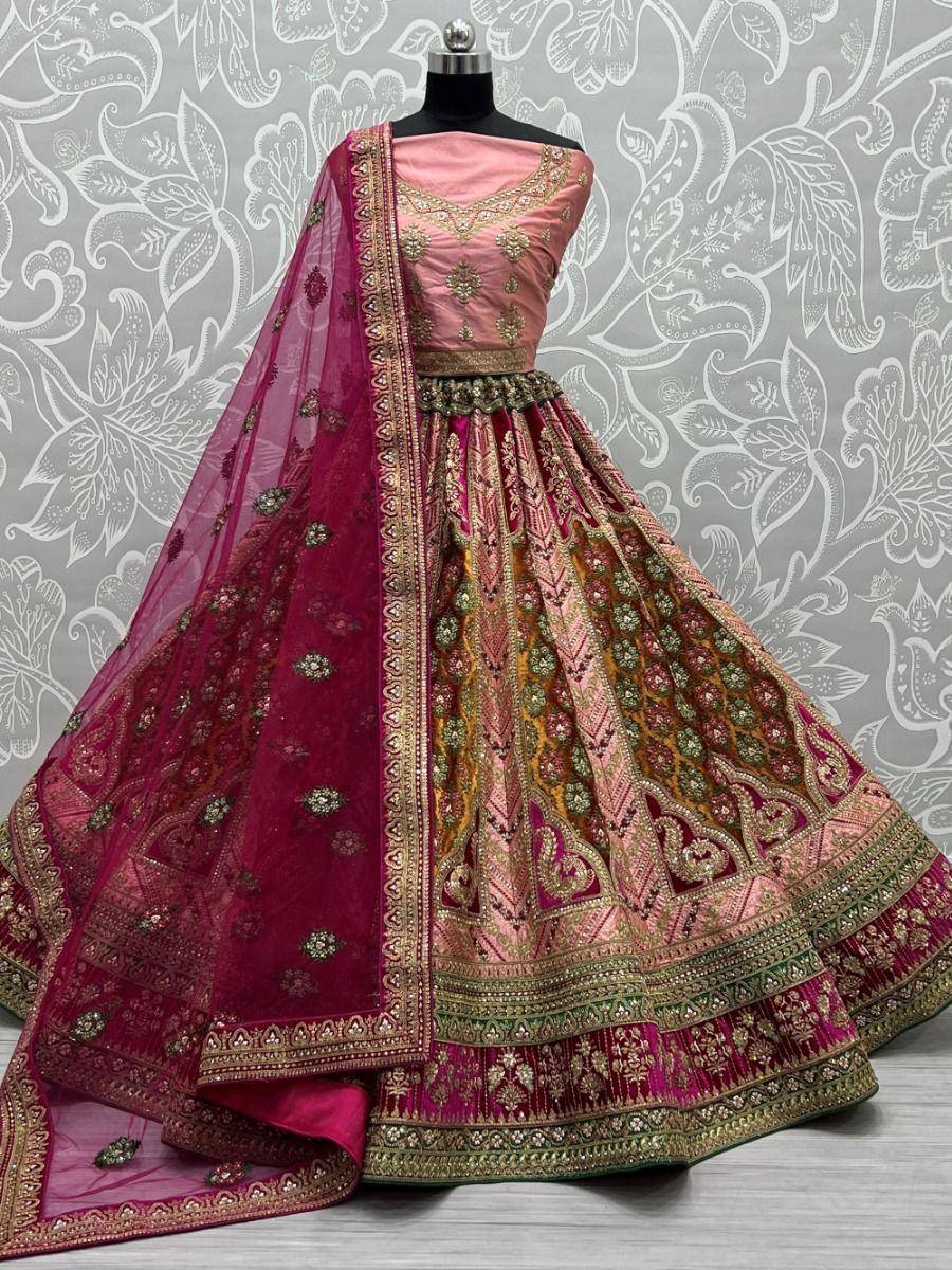 Pink and maroon designer lehenga choli with heavy embroidery and dupatta, ethnic Indian wear