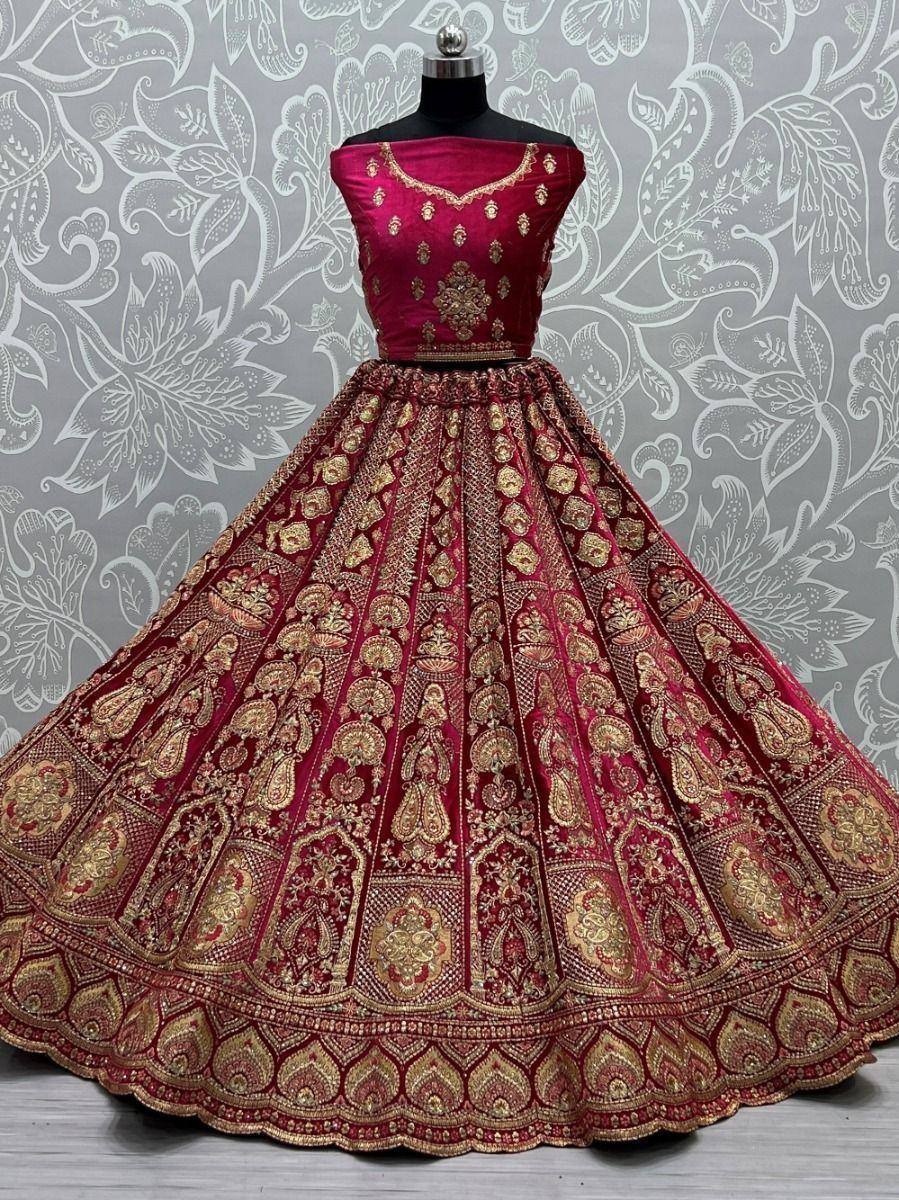 Maroon designer lehenga choli with gold embroidery, perfect for Indian ethnic wear and weddings