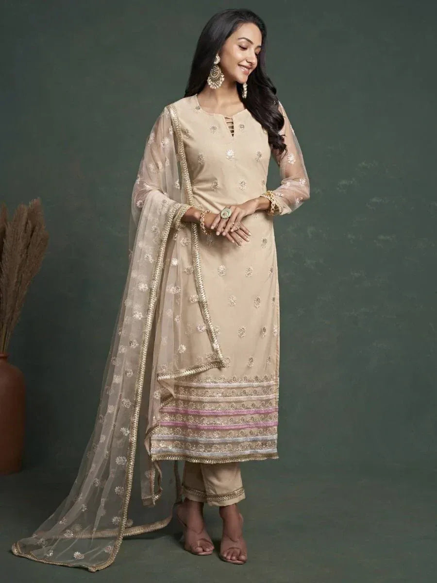 Beige embroidered salwar kameez with sheer dupatta, ethnic Indian wear for women