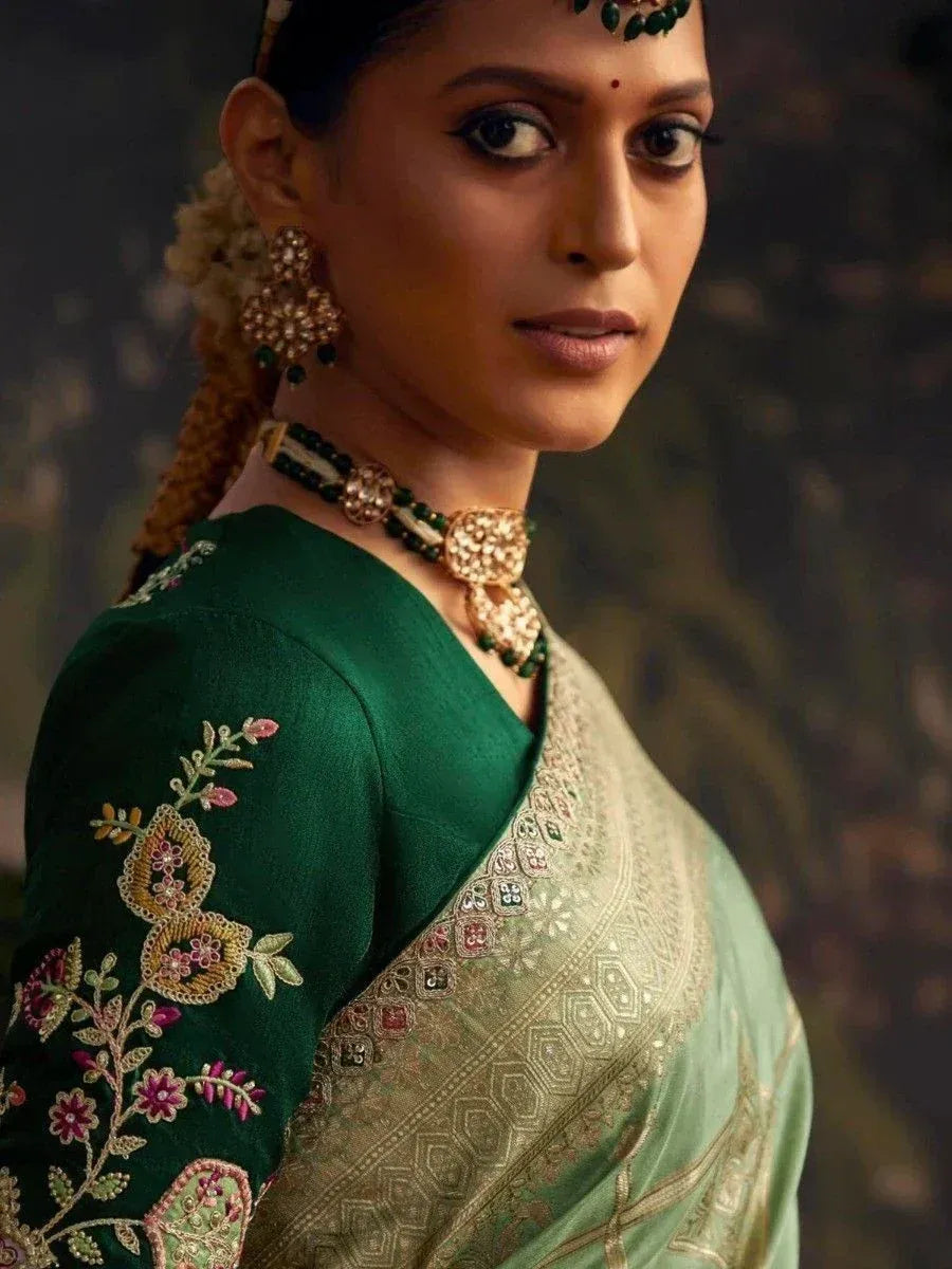 Woman in green embroidered saree with gold jewelry, Indian ethnic wear