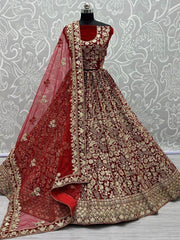 Graceful Red Floral Embroidered Velvet Lehenga Choli