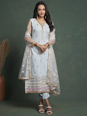 Captivating Sky Blue Embroidered Net Occasion Wear Salwar Kameez