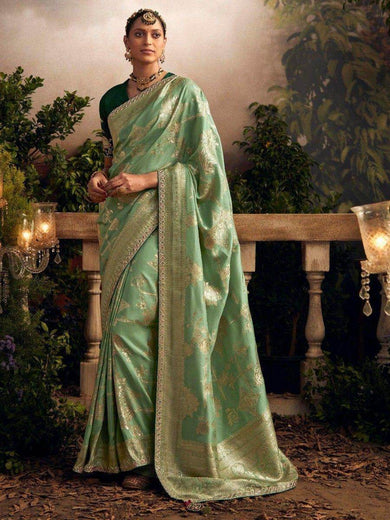 Gorgeous Sea Green Zari Woven Dola Silk Traditional Saree With Blouse
