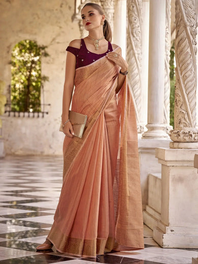 Superb Peach Zari Weaving Tissue Silk Wedding Wear Saree With Blouse