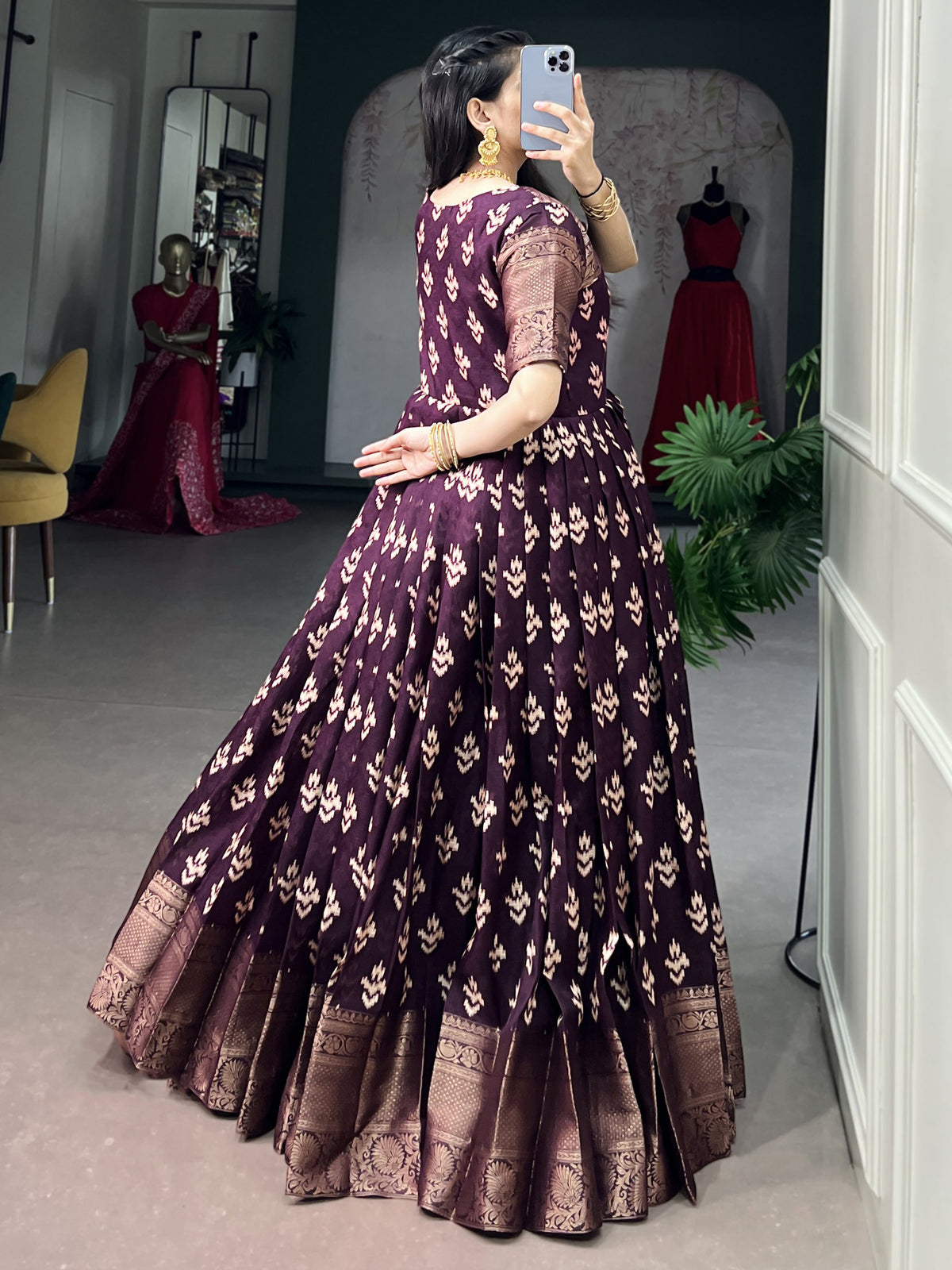 Captivating Wine Zari Weaving Cotton Traditional Gown